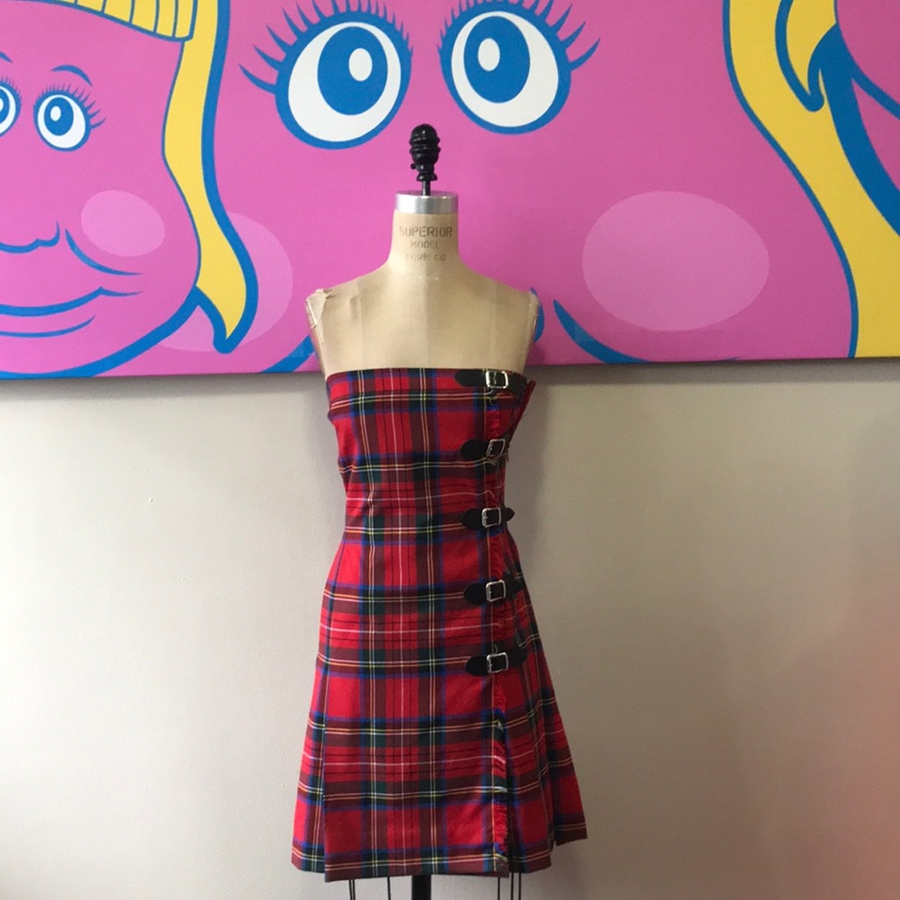 Moschino Red Tartan Plaid Wool Strapless Dress